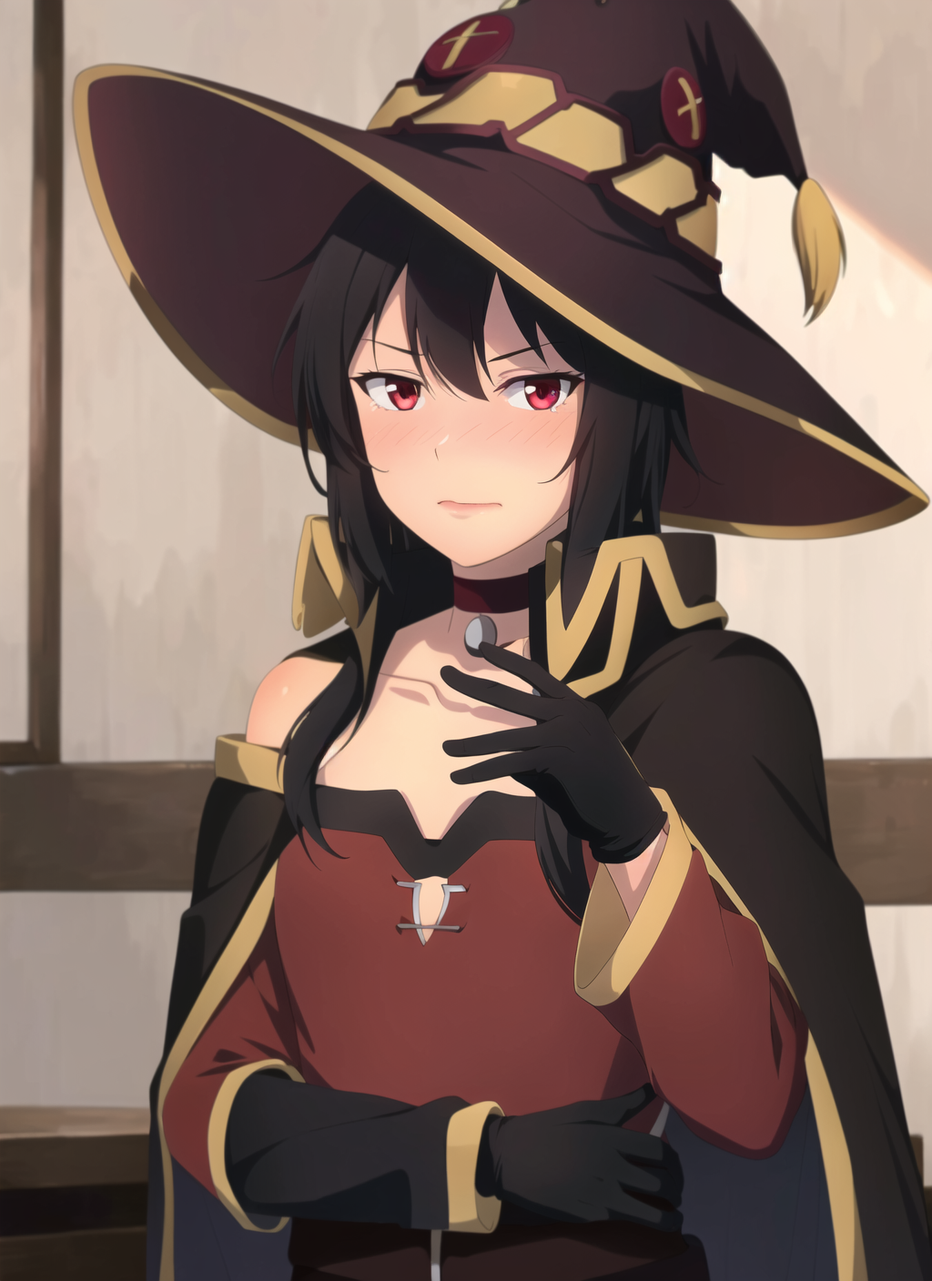 3978527213-2071260465-witcher, masterpiece, best quality, megumin, 1girl, bare shoulders, black cape, black gloves, black hair, blush, cape, choker, c.png